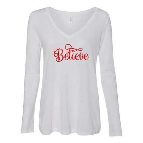 Believe Long Sleeve V-Neck Glitter Shirt