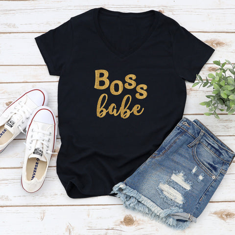 Boss Babe Glitter Short Sleeve V-Neck Shirt