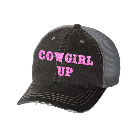 Cowgirl Up Distressed Ladies Trucker Hat