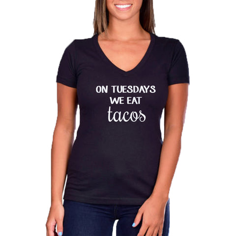 On Tuesdays We Eat Tacos Glitter Ladies Short Sleeve V-Neck Shirt